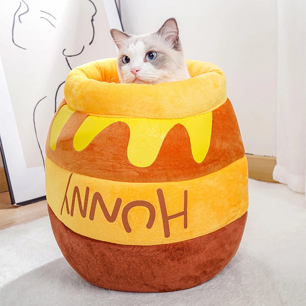 Cute Cartoon Honey Pot Shape Cat Bed House, Washable Pet Accessories