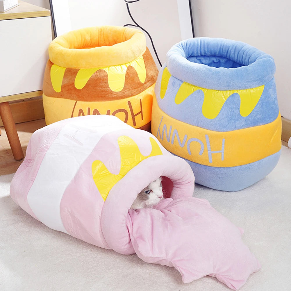 Cute Cartoon Honey Pot Shape Cat Bed House, Washable Pet Accessories